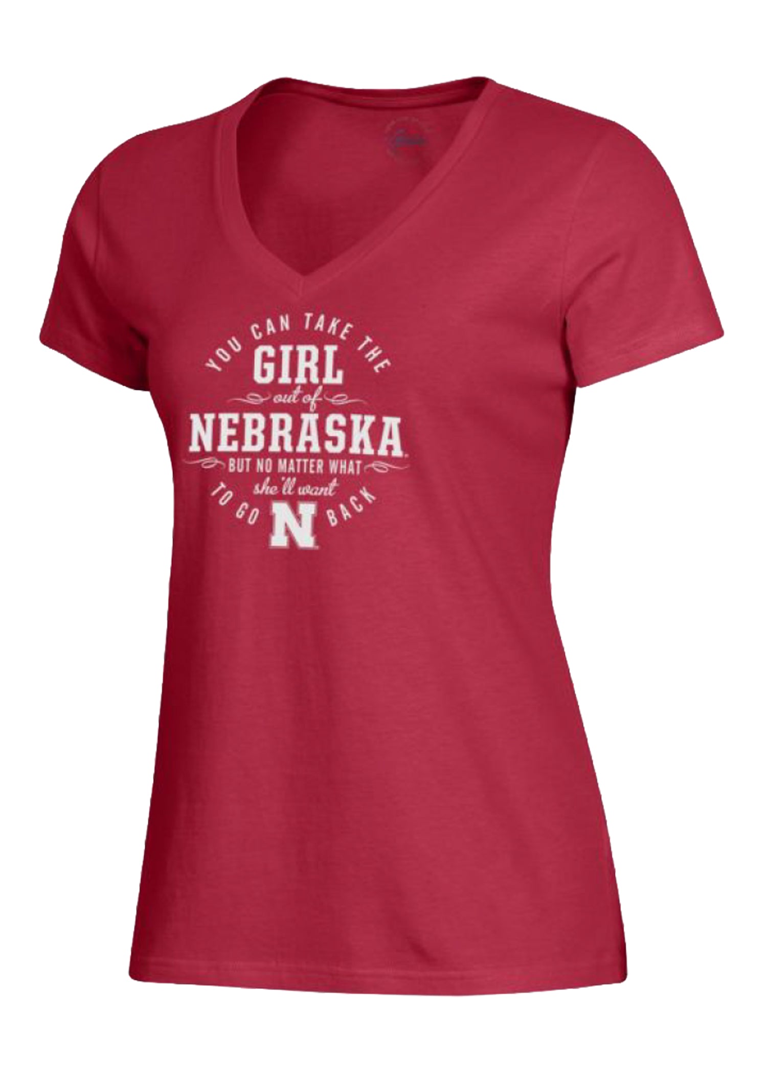 You Can Take the Girl out of Nebraska - Red V-Neck Fitted Tee  - Nebraska Cornhuskers