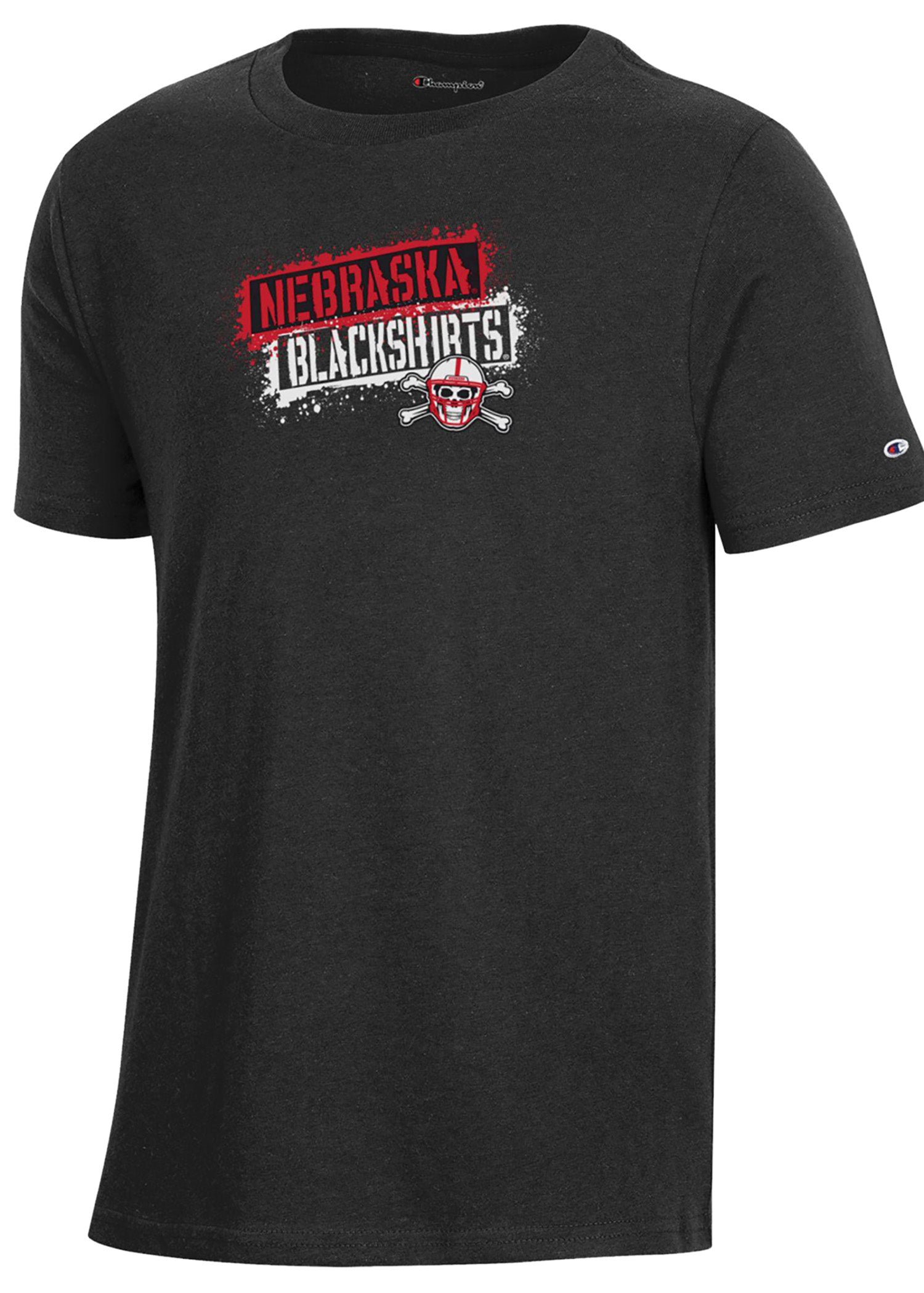 Diagonal Paint-Splatter “Nebraska Blackshirts” w/ Skull Helmet Youth Tee