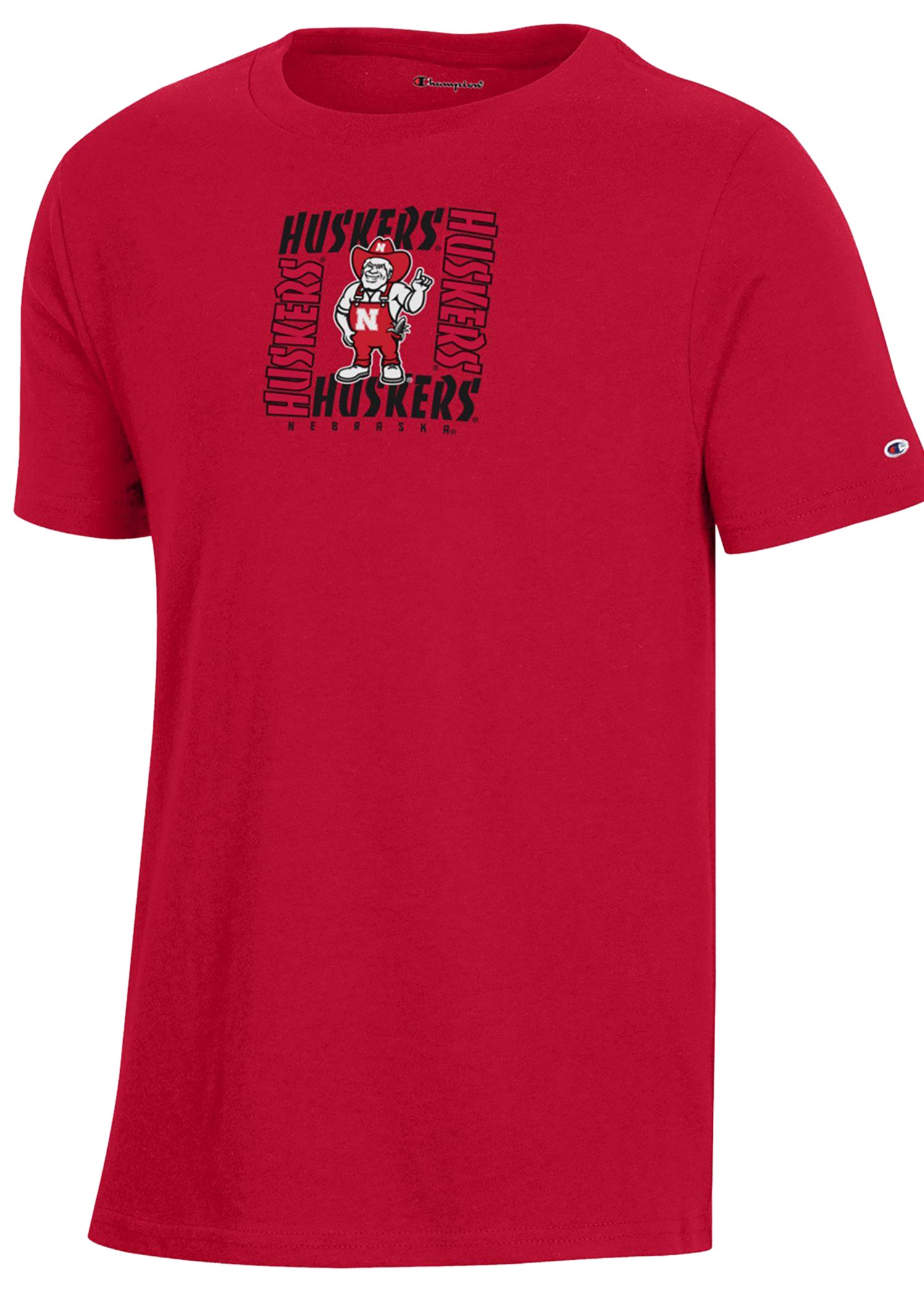 Herbie Mascot in Repeating “HUSKERS” Frame Youth Tee — 2 Colors