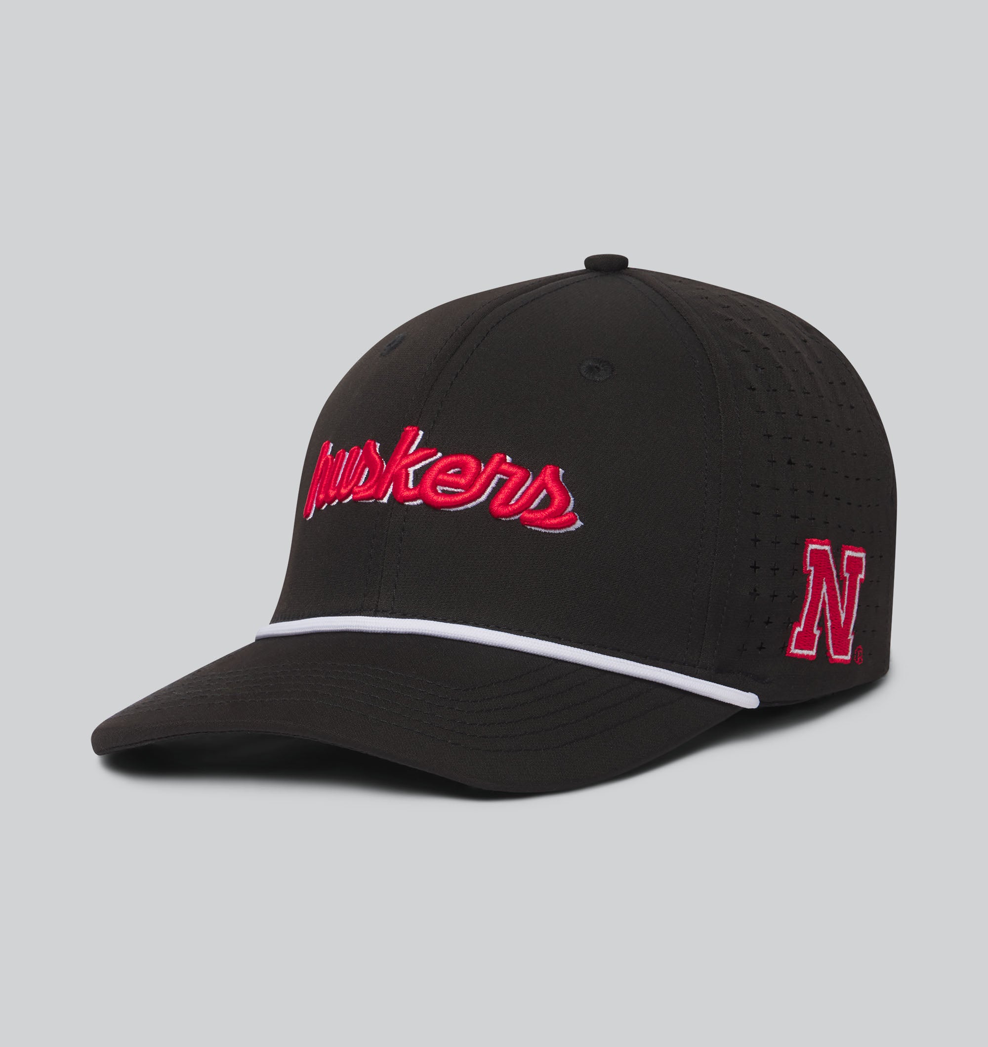 UNRL Mid-Pro Vented Rope Black Hat, Curved Bill, Snapback - Nebraska Cornhuskers
