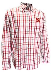 Nebraska Tending Antigua Button Up Nebraska Cornhuskers, Nebraska  Mens Polo's, Huskers  Mens Polo's, Nebraska Polo's, Huskers Polo's, Nebraska White Red And Grey Plaid Nebraska Tending Button Up, Huskers White Red And Grey Plaid Nebraska Tending Button Up